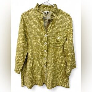Women's John Mark Linen Pattern Ruffle Button Down Blouse Large Casual‎